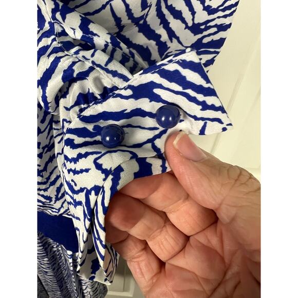 Vintage 80s Blue White Tiger Animal Print Secretary Dress Midi Oversized 12 L/XL - Picture 8 of 9